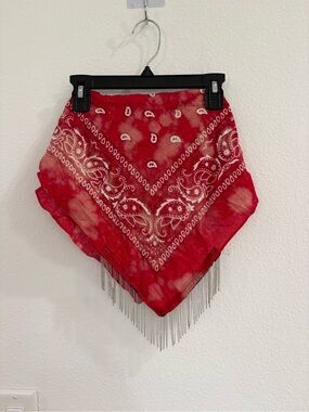 12th tribe Red Bandana Scarf with Silver Chain Fringe